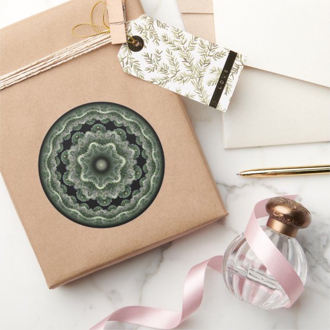Green ornate fractal round ornament classic round sticker (Gifting)