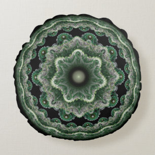 Green ornate round fractal pillow