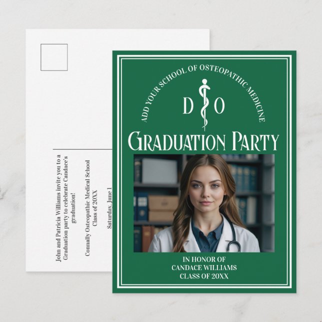 Green Osteopathic Medical School Graduation Party Invitation Postcard (Front/Back)
