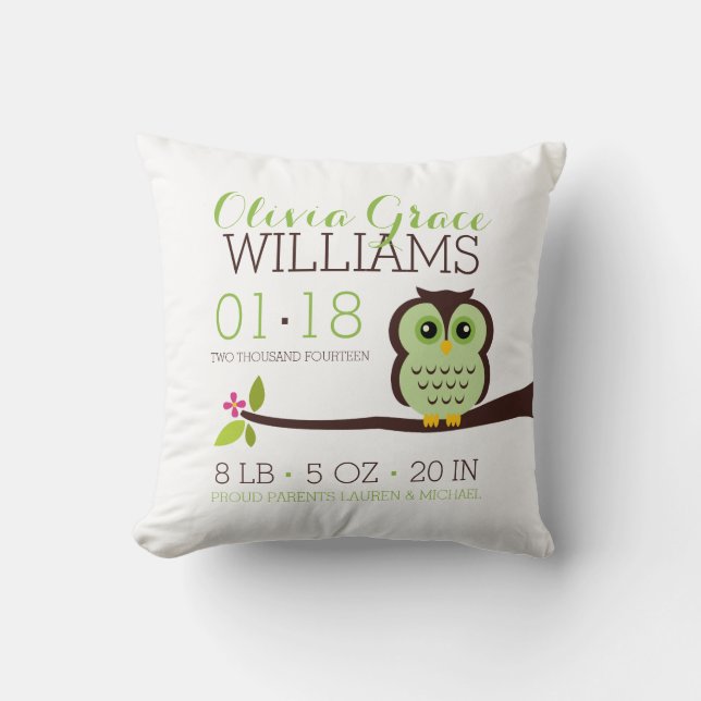 Green Owl Baby Birth Announcement Throw Pillow (Front)