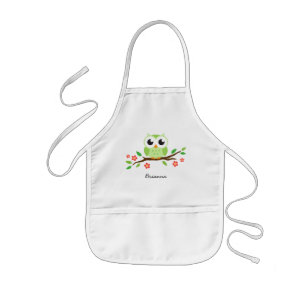 Green owl on flowering branch personalized name kids apron