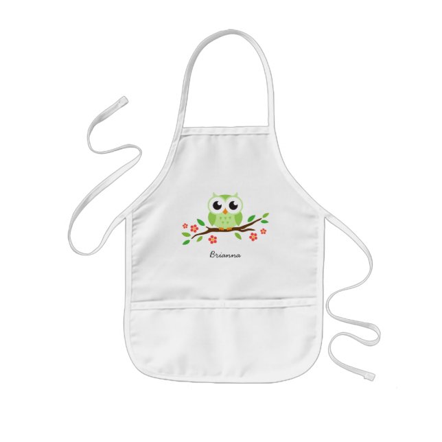 Green owl on flowering branch personalized name kids apron (Front)