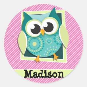 Green Owl on Pink & White Stripes Classic Round Sticker