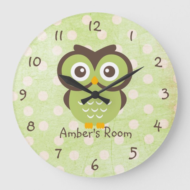 Green Owl Personalized Bedroom Large Clock (Front)