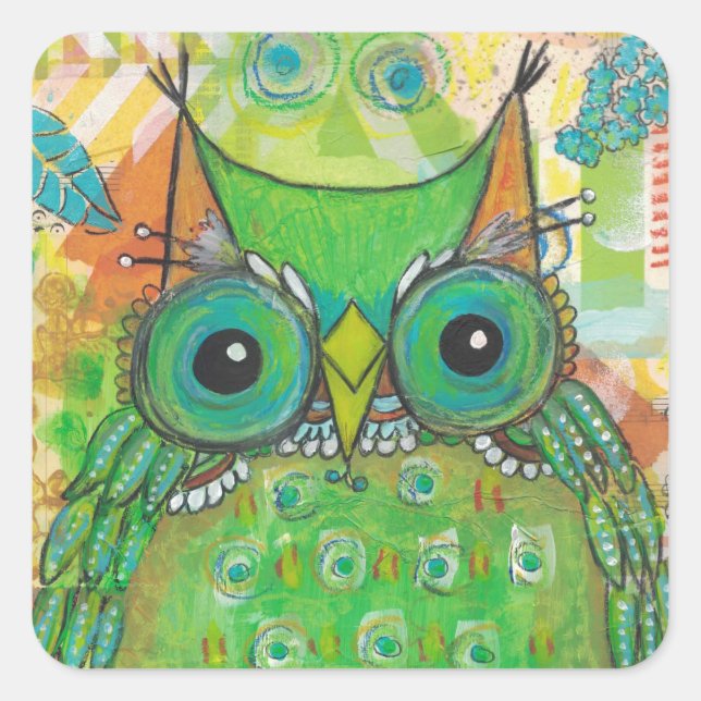 Green Owl Square Sticker (Front)