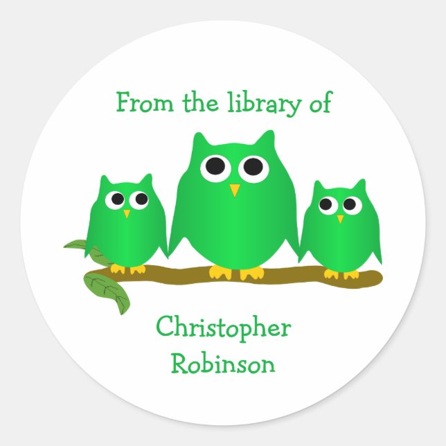 Green Owls Design Bookplate Classic Round Sticker (Front)