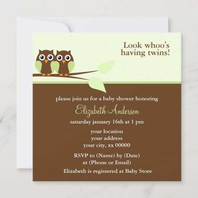 Green Owls Twins Baby Shower Invitation (Front)