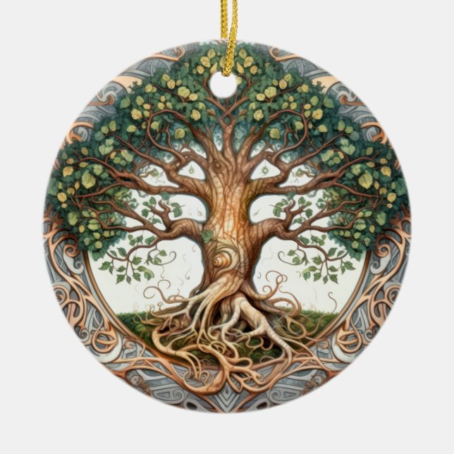 Green Pagan Tree of Life  Ceramic Ornament (Front)