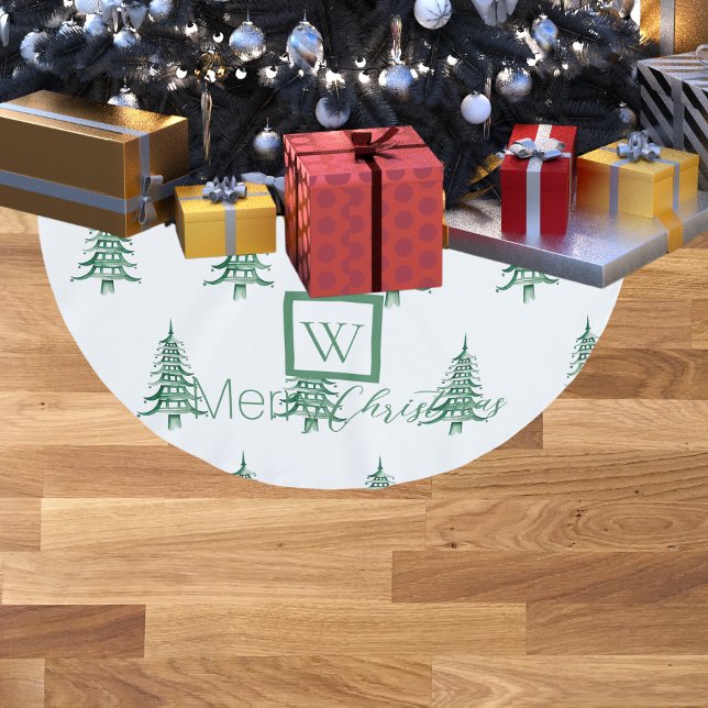 Green Pagoda Christmas Tree Monogrammed Pattern  Brushed Polyester Tree Skirt (Green Pagoda Christmas Tree Monogrammed Pattern Brushed Polyester Tree Skirt)