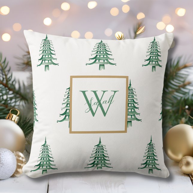 Green Pagoda Christmas Tree Monogrammed Pattern  Throw Pillow (Green Pagoda Christmas Tree Monogrammed Pattern Throw Pillow)