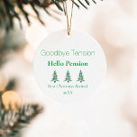 Green Pagoda Christmas Trees Retirement 1-Photo  Ceramic Ornament<br><div class="desc">Celebrate the next chapter of life with our green Pagoda Christmas Trees Retirement 1-Photo Ornament. This ornament features the playful phrases "Goodbye tension, Hello Pension" and "First Christmas Retired" alongside our elegant blue pagoda Christmas trees. Personalize it with the year on the front, and customize the back with your own...</div>