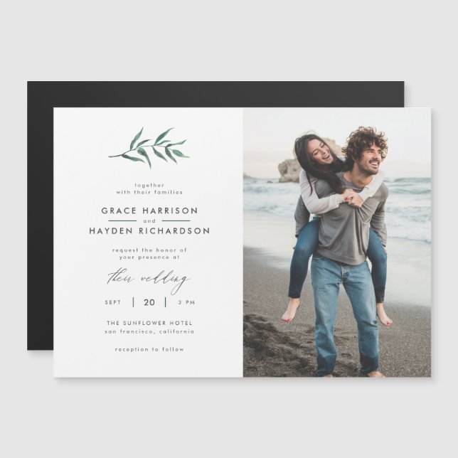 Green Painted Botanical Minimalist Wedding Photo Magnetic Invitation (Front/Back)