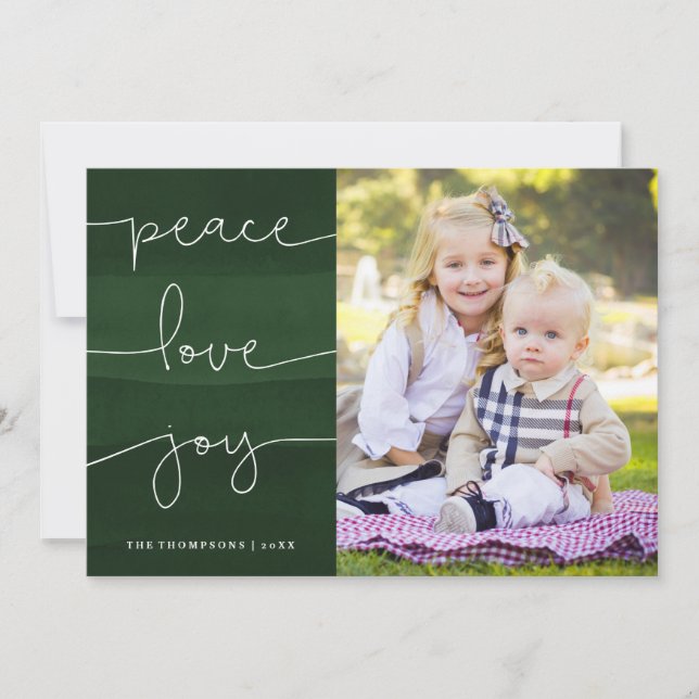 Green Painted Peace Love Joy Photo Holiday Card (Front)