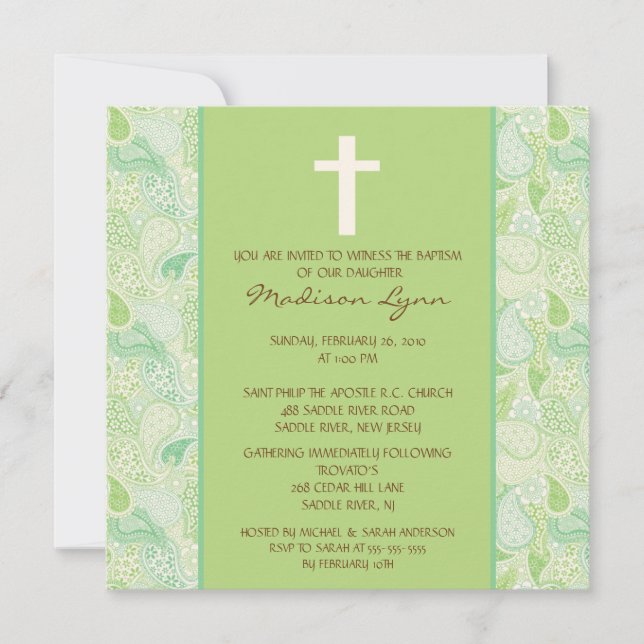 Green PAISLEY Baby Girl Baptism Inviation Invitation (Front)