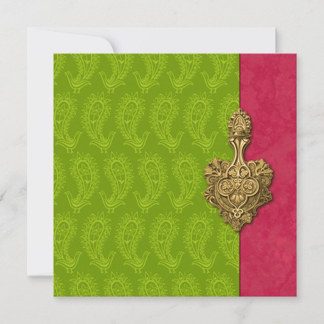 Green Paisley Peacock Indian Wedding Invitation (Front)