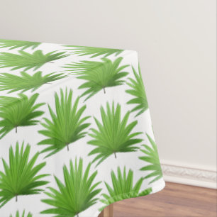Green Palm Leaf Pattern on White Tablecloth