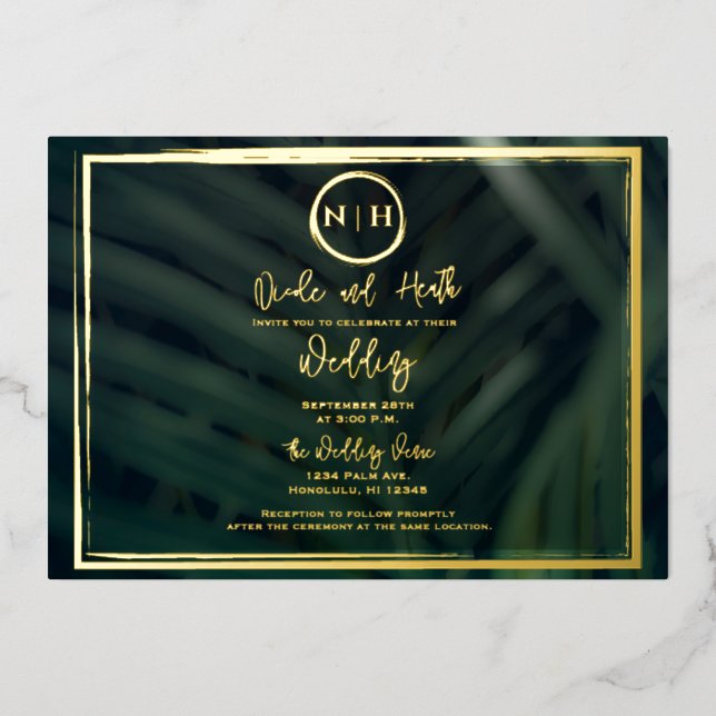 Green Palm Leaf Tropical Wedding Gold (Front)