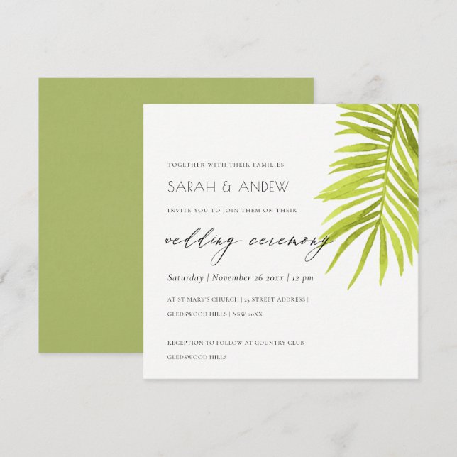 GREEN PALM LEAF WATERCOLOUR FOLIAGE WEDDING INVITATION (Front/Back)