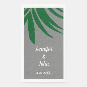 Green Palm Leaves Grey Tropical Beach Wedding Napkin