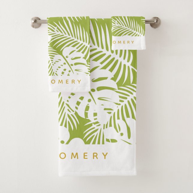 Green Palm Leaves Jungle Pattern Personalized Bath Towel Set (Insitu)