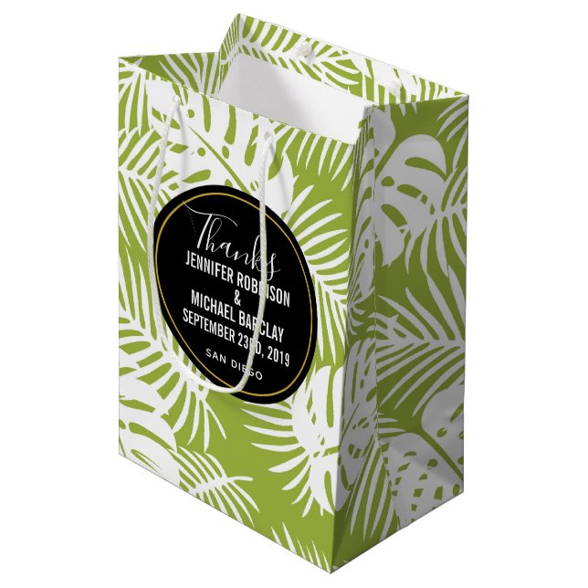 Green Palm Leaves Jungle Pattern Wedding Thanks Medium Gift Bag (Front Angled)