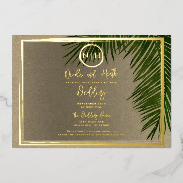 Green Palm Leaves Kraft Tropical Wedding Gold  (Front)