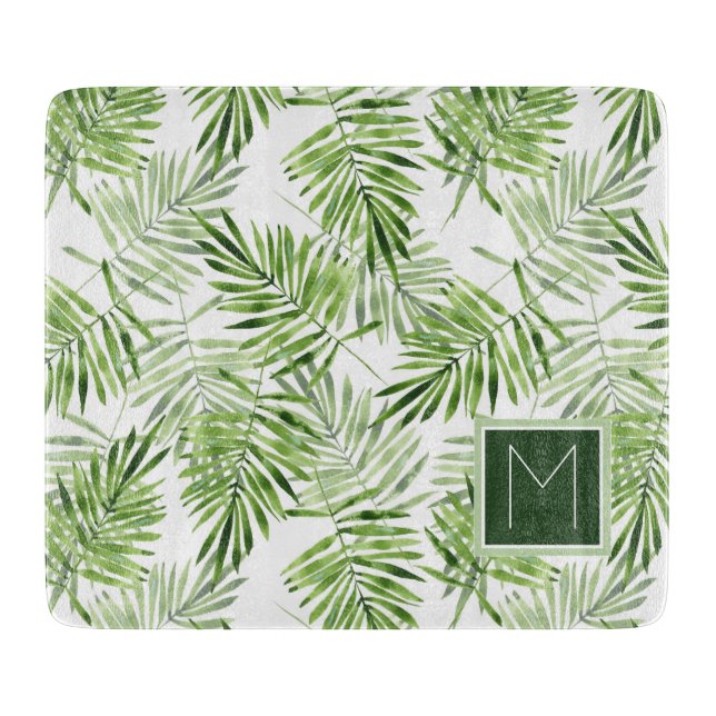 Green Palm Leaves | Monogram Cutting Board (Front)