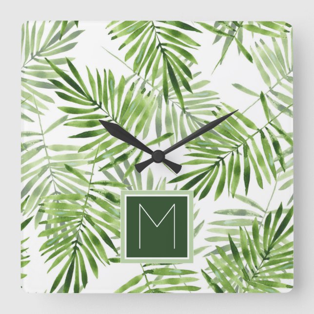 Green Palm Leaves | Monogram Square Wall Clock (Front)