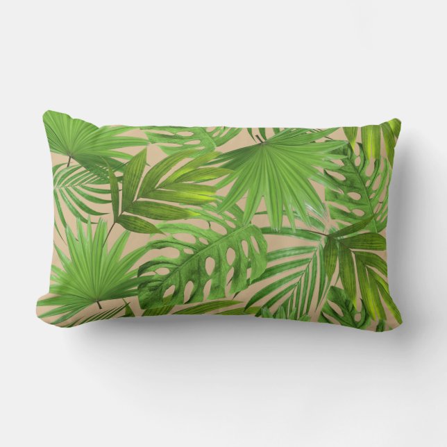 Green Palm Leaves on Beige Lumbar Pillow (Front)
