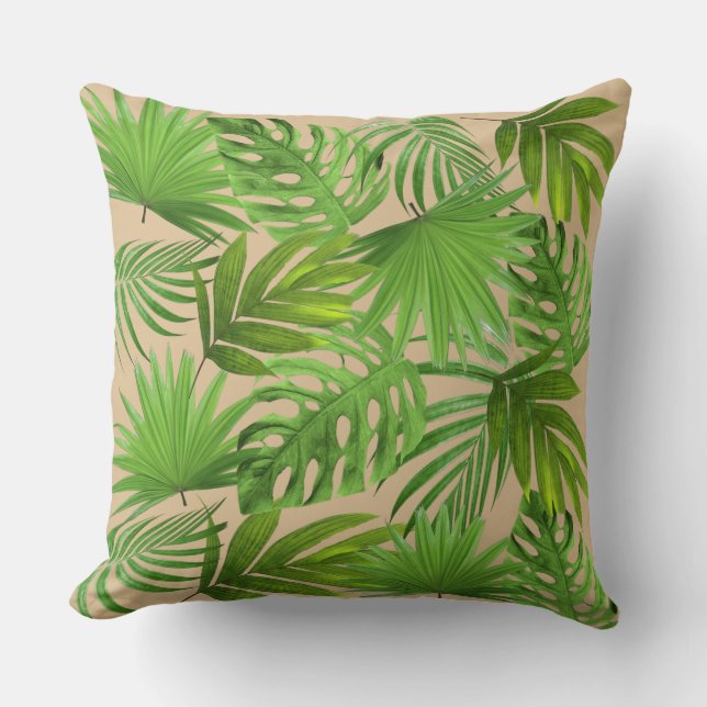 Green Palm Leaves on Beige Throw Pillow (Front)