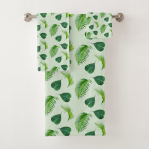 Green Palm Leaves on Light Green Bath Towel Set