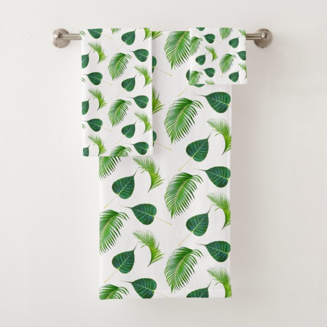 Green Palm Leaves on White Bath Towel Set (Insitu)