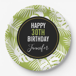 Green Palm Leaves Rainforest Pattern Birthday Paper Plate