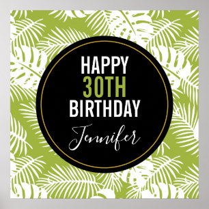 Green Palm Leaves Rainforest Pattern Birthday Poster