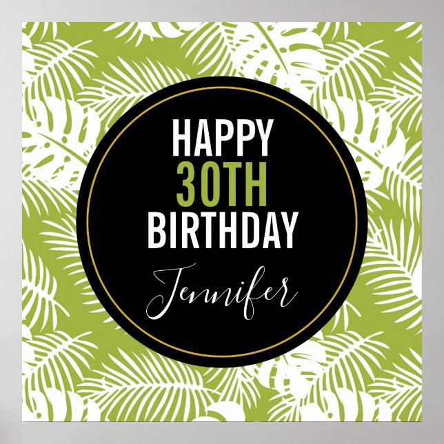 Green Palm Leaves Rainforest Pattern Birthday Poster (Front)