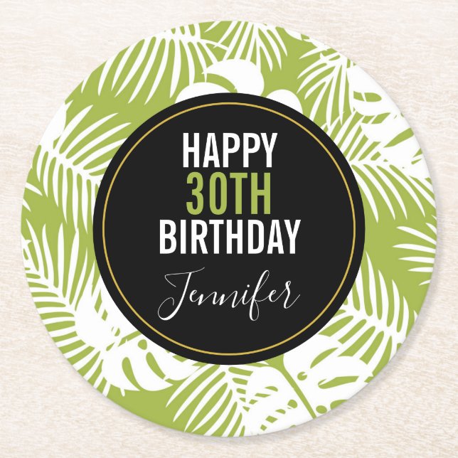 Green Palm Leaves Rainforest Pattern Birthday Round Paper Coaster (Front)