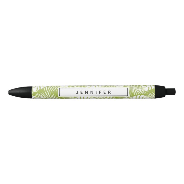 Green Palm Leaves Rainforest Pattern Black Ink Pen (Front)