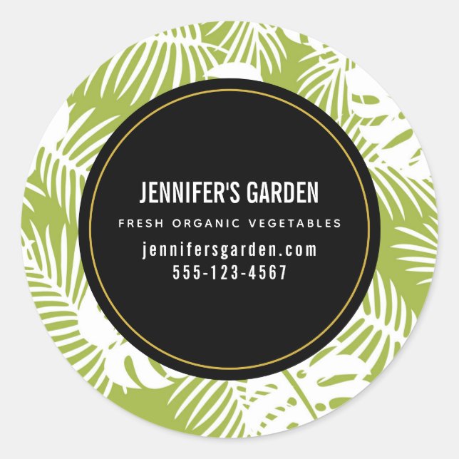 Green Palm Leaves Rainforest Pattern Business Classic Round Sticker (Front)
