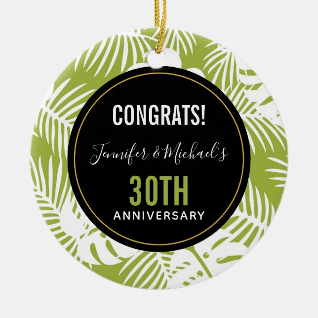 Green Palm Leaves Rainforest Pattern Ceramic Ornament (Front)