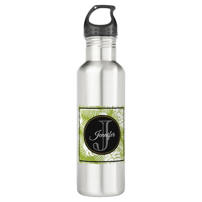 Green Palm Leaves Rainforest Pattern Monogram 710 Ml Water Bottle (Front)
