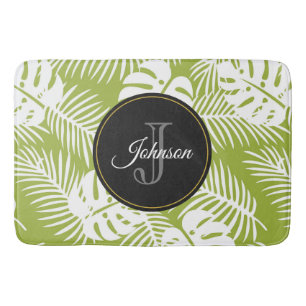 Green Palm Leaves Rainforest Pattern Monogram Bath Mat