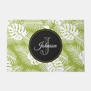 Green Palm Leaves Rainforest Pattern Monogram Doormat