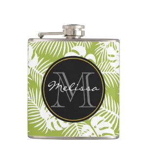 Green Palm Leaves Rainforest Pattern Monogram Hip Flask