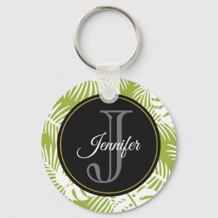 Green Palm Leaves Rainforest Pattern Monogram Keychain