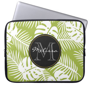 Green Palm Leaves Rainforest Pattern Monogram Laptop Sleeve