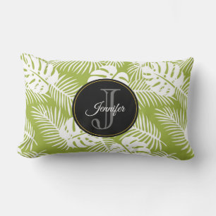 Green Palm Leaves Rainforest Pattern Monogram Lumbar Pillow