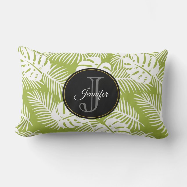 Green Palm Leaves Rainforest Pattern Monogram Lumbar Pillow (Front)