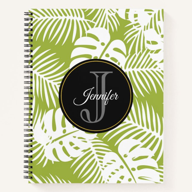Green Palm Leaves Rainforest Pattern Monogram Notebook (Front)