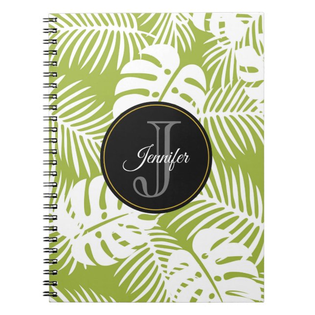 Green Palm Leaves Rainforest Pattern Monogram Notebook (Front)