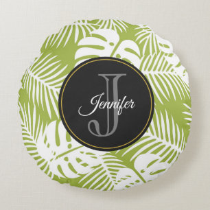 Green Palm Leaves Rainforest Pattern Monogram Round Pillow
